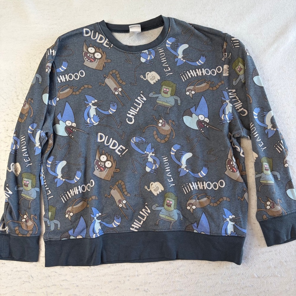 Cartoon Network Regular Show Sweatshirt L Grey All Over Print Mordecai Rigby